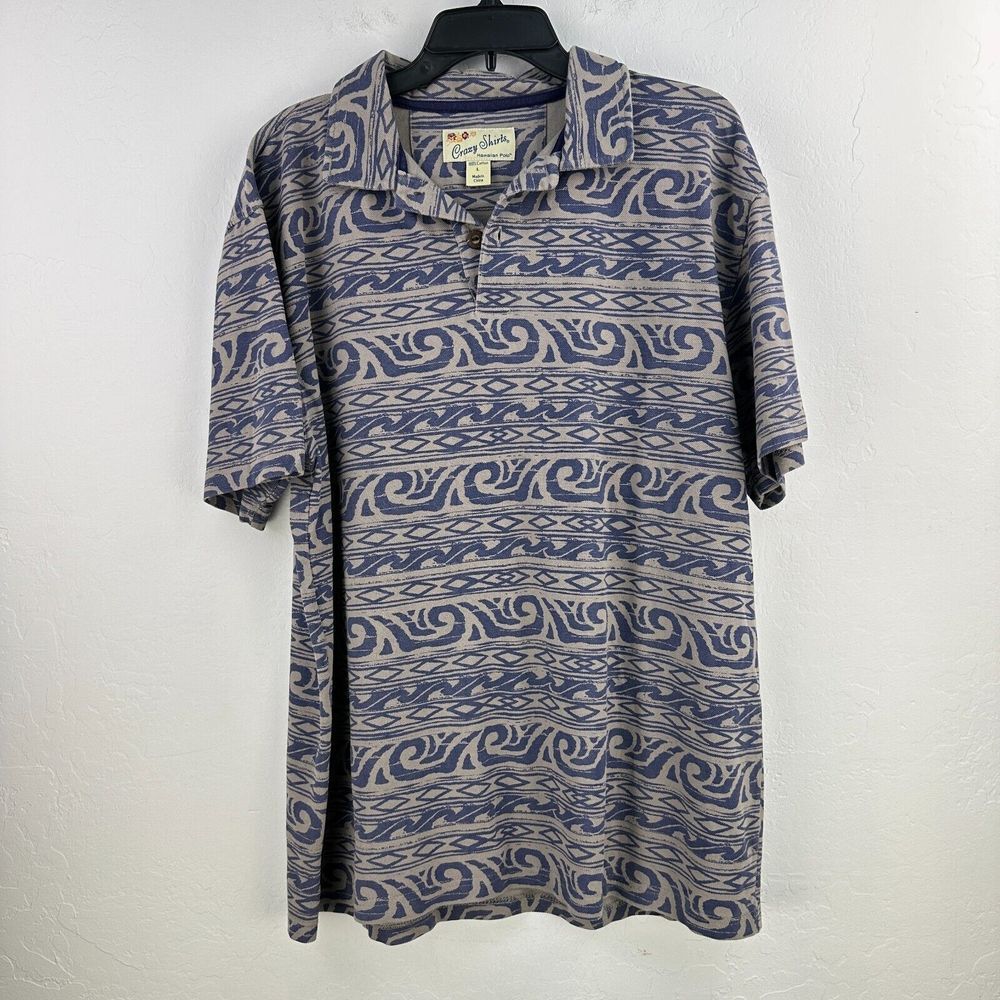 Crazy Shirts Hawaiian‎ Polo Shirt Mens Large Gray Blue Short Sleeve Waves Tribal